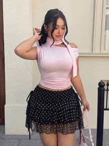 GalTyme Plus Size Black Polka Dot Casual Versatile Ruffled Hem Skirt, Summer - Black - View 3