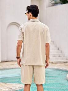 New Summer Men's Solid Color Multi-Pocket Button Shirt + Drawstring Shorts Set, Vacation Casual Sports Daily Basic Outfit, 2 Pieces Set, Cozy Outfits - Beige - View 2