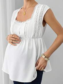 SHEIN White Everyday French Square Collar Lace Patchwork Blouse,Ruffle Hem Fitted Top,Retro Gentle Vibe Commuter For Women,Maternity Photoshoot Summer - White - View 6