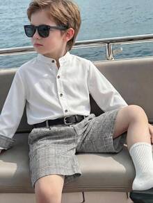 两件套儿童/青少年男童休闲校服套装，包括一件长袖衬衫和一条格子短裤，绅士两件套 - 白色 - 查看 1