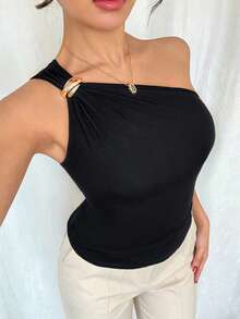 Elenzga Blusa sin mangas de un solo hombro con pliegues y efecto metálico para mujer de talla grande - Negro - Ver 4