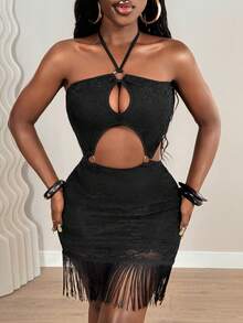 Modviera Váy cổ yếm ren chắp vá khoét rỗng tua rua - màu đen - Xem 3