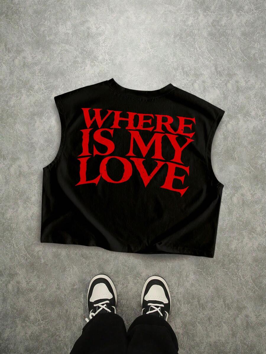 Manfinity ZONE917 Boxy Short Street Fashion Distressed Red "WHERE IS MY LOVE" Print Loose Racerback Tank Top, Suitable For Summer - Black - View 1