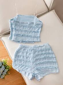 SHEIN Sparklyn 2件套少女沙滩度假风针织拼接布料编织星星装饰套装，适合外出、度假、旅行 - 藍色 - 查看 2