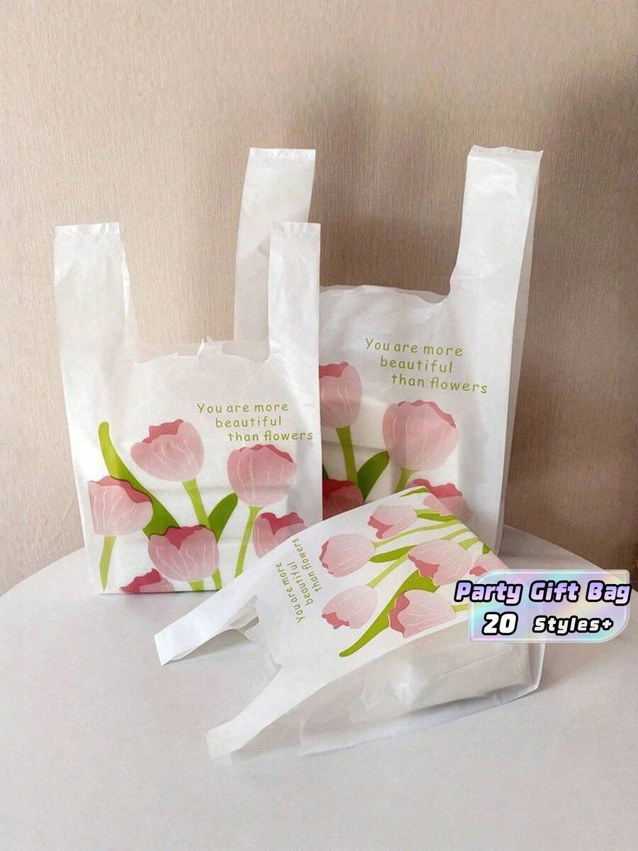 白色郁金香印花塑料礼品袋,适用于玩具、珠宝配饰等,通用包装袋,可用于派对回礼、生日礼物、家居装饰等,闪亮礼品包装用品,派对礼品袋 - 白色 - 查看 1