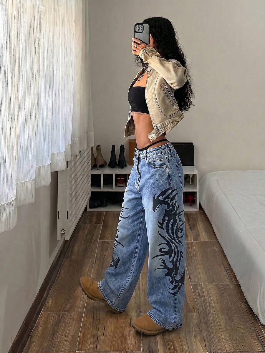 StreetHx Jeans acampanados con estampado retro vintage para tallas grandes - Azul lavado oscuro - Ver 1