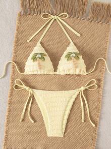 Swim Mod New Arrival Spring/Summer Women's Bikini Set, Triangle Swimwear With Tie-Up, Sexy Beach Swimwear With Coconut Tree & Pearl Decor - Yellow - View 7