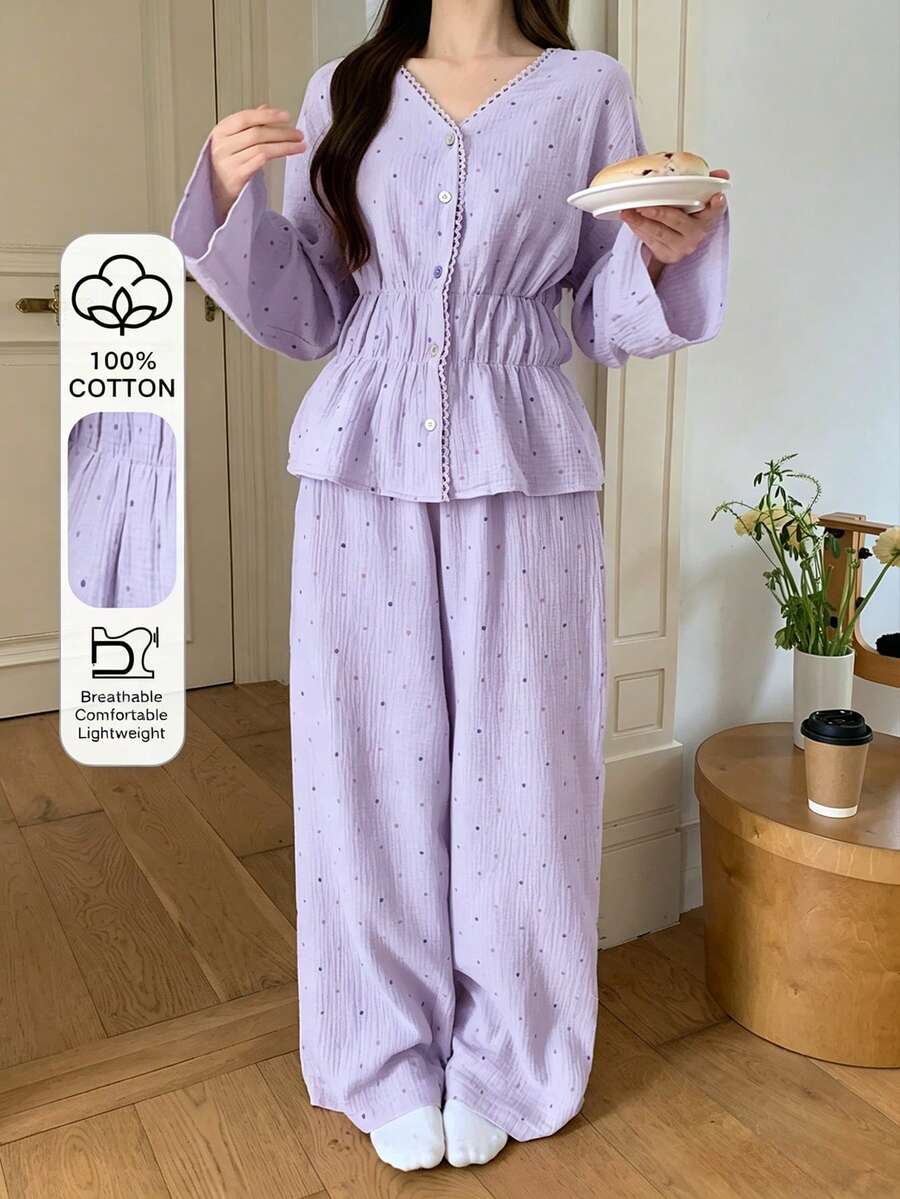DAZY 2件組甜美波點印花雪紡蕾絲飾邊女款夏季睡衣套裝睡衣 - 淡紫色 - 查看 1