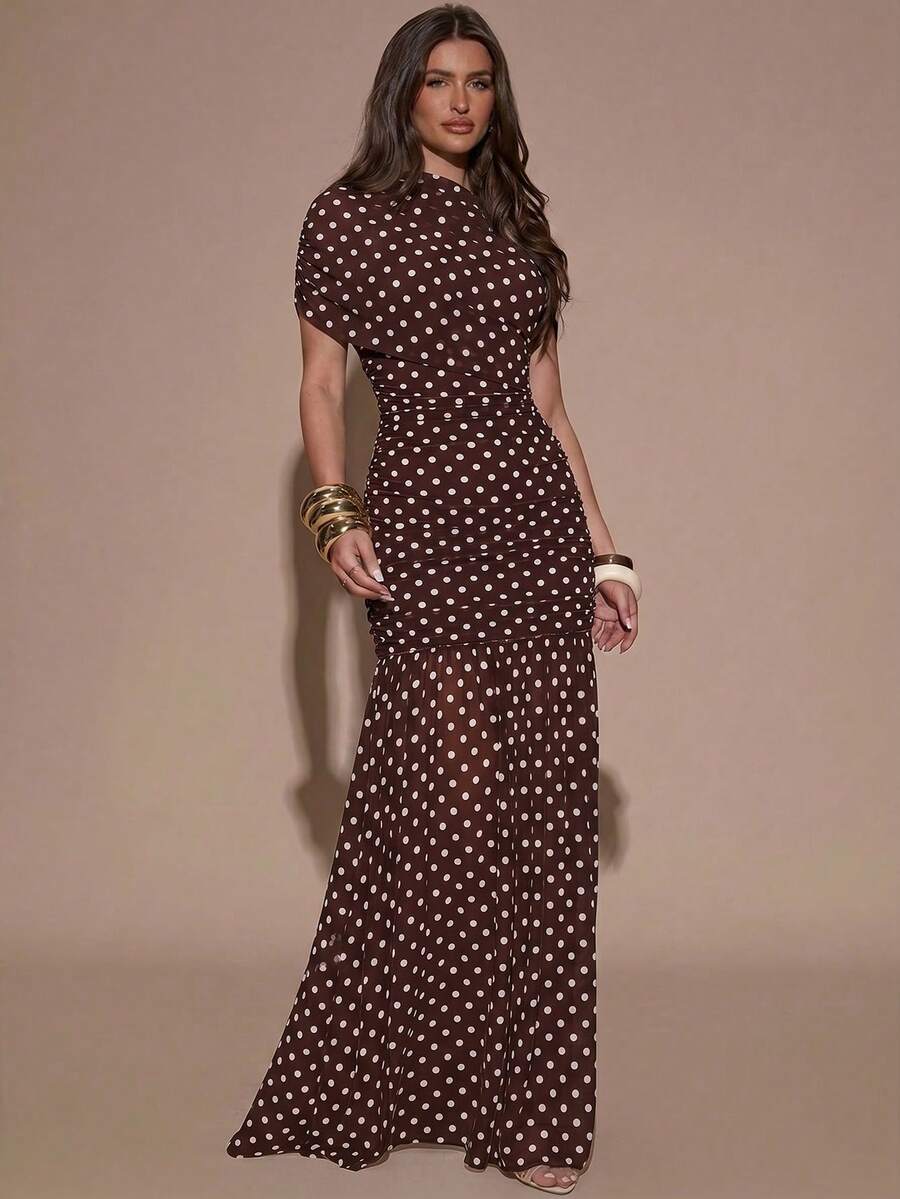 SHEIN BAE White Base Black Polka Dot Print Round Neck Short Sleeve Bodycon Ruffle Hem Elegant Dress, Elegant Dress, Polka Dot Dress - Coffee Brown - View 1