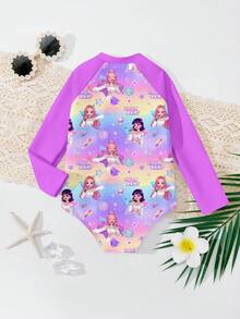 SHEIN Áo tắm liền thân dài tay in chữ và hoạt hình dành cho bé gái, thích hợp cho kỳ nghỉ biển, tiệc bể bơi, tiệc bãi biển. - Nhiều màu - Xem 2