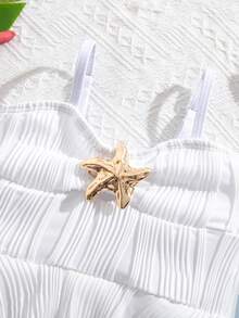 SHEIN 少女纯色金属装饰荷叶边连体泳衣，适合海滩度假、泳池派对、沙滩派对 - 彩色 - 查看 3