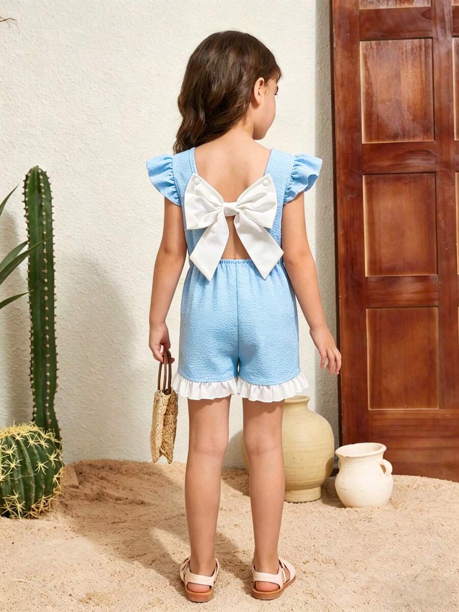 Elladie kids 女童蓝白条纹荷叶边无袖连体衣，优雅舒适，时尚设计，夏季蝴蝶结露背童装连体裙，女童连体衣，夏季蓝条纹连体衣，荷叶边袖连体衣，可爱浅蓝色连体衣，儿童小女孩浅蓝色套装，蓝色蝴蝶结女童套装，夏季女童连体衣 - 藍色 - 查看 1