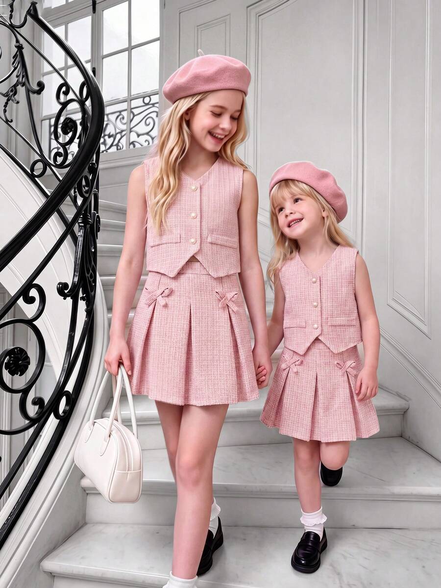 SHEIN Elladie kids 小女孩甜美粉色无袖珍珠纽扣背心+蝴蝶结百褶裙两件套，优雅休闲夏季套装
