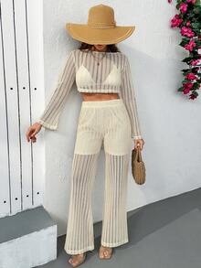 EURMUSE Flare Sleeve Crop Top & Cream Crochet Knit Set – High Waist Wide Leg Pants With Gold Accessory - Beige - View 7