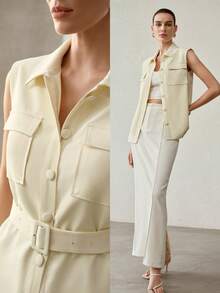 MOTF PREMIUM SOLID FLAP POCKET BUCKLE BELTED SLEEVELESS JACKET SWIMMING WHITE AUTUMN BASIC - Yellow - View 1