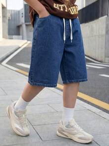Shorts en jean décontractés pour adolescents garçons, nouveau design minimaliste d'été avec cordon de serrage à la taille, coupe ample, convient pour les vacances, les festivals de musique, l'école, les trajets, les fêtes et autres occasions - Bleu azur - Voir 1