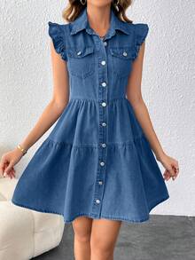 SHEIN 少女海军蓝前扣荷叶边牛仔衬衫裙 - 藍色 - 查看 5