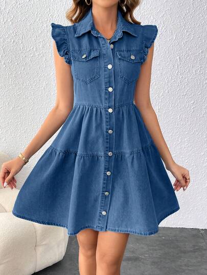Teen Girl Navy Blue Front Button Ruffle Hem Denim Shirt Dress Casual Suitable For Home, Outdoor, Travel, Airport, Casual Daily Outfit Bottoms Girl  Comfortable & Chic,Casual & Street Style, Summer,Suitable For Spring And Summer Wear, Elegant And Holiday Wear,Spring Break Summer Beach Vacation Wear