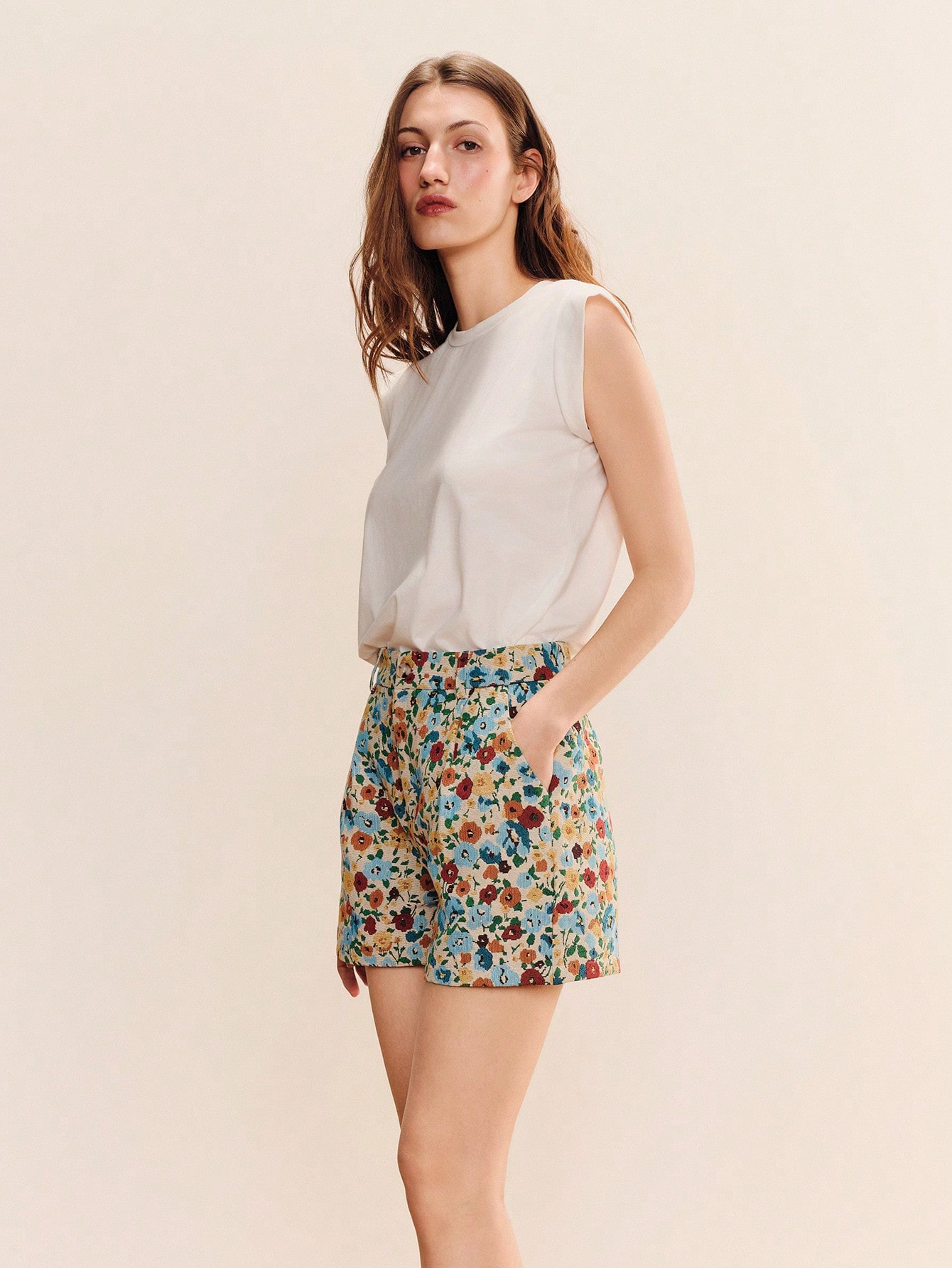 High-Waisted A-Line Shorts In Floral Jacquard With Front Pleats Spring Summer Jacquard Floral Shorts Holiday Outfits Going Out Outfits Vintage Style