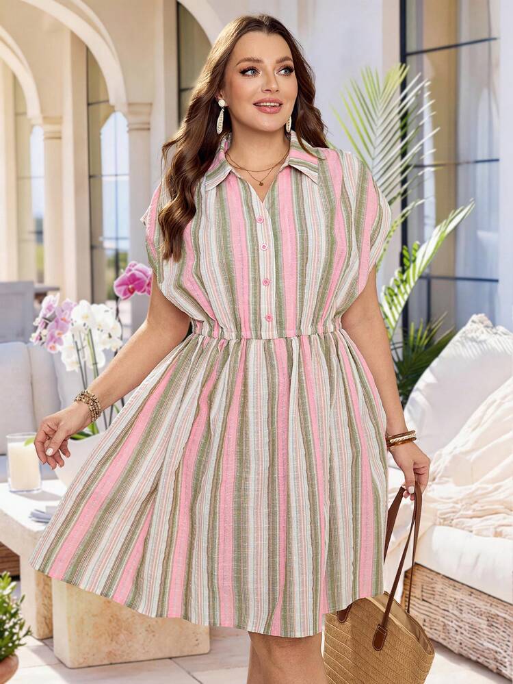 Plus Size Women's Summer Casual Vacation Country Striped Waist Pink Shirt Dress,Suitable For Summer Vacation,Casual Holiday Style,Summer Outfits For Women ,Vacation Outfits Women ,Holiday Outfits For Women,Going Out Outfits, New Clothes,Simple And Fashionable For Everyday Wear,Suitable For Summer, Vacation, Daily Wear, Festival Outfits For Women,Country Concert Outfit,Beach Outfits For Women,Western Style,Flowy Dress,Gifts For Mother,Boho Dress, Casual Summer Dresses For Women