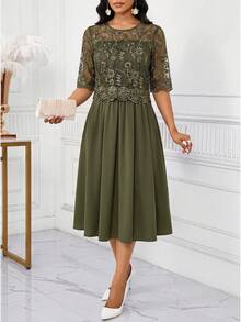 SHEIN Lady Váy ren xanh tay ngắn thanh lịch dành cho nữ - màu xanh lá - Xem 7