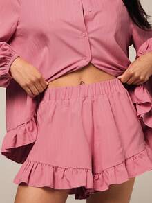 Women's Long Sleeve Single-Breasted Shirt And Shorts Pajama Set - Pink - View 7