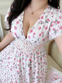 Vibekara Nuevo vestido de verano elegante con parches de encaje negro y cintura ceñida que reduce la edad - Rojo y blanco - Ver 4