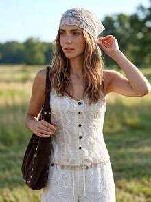 女士夏季户外法式复古雪纺纹理开衫，性感吊带无袖上衣 - 杏色 - 查看 1