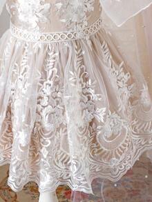 Baby Girl White Floral Summer Elegant Wedding Guest Dress,Stand Collar Short Sleeve Ruffle Hem Lace White Dress,Fashion Casual Dresses For Girls - White - View 6