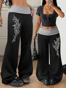 Coolane Pantalones anchos de mujer talla grande para verano, festival, feria del renacimiento, ropa urbana, vintage Y2K, estilo grunge con gráficos, de pierna recta, pantalones de chándal de pierna ancha, pantalones góticos, otoño - Gris - Ver 1