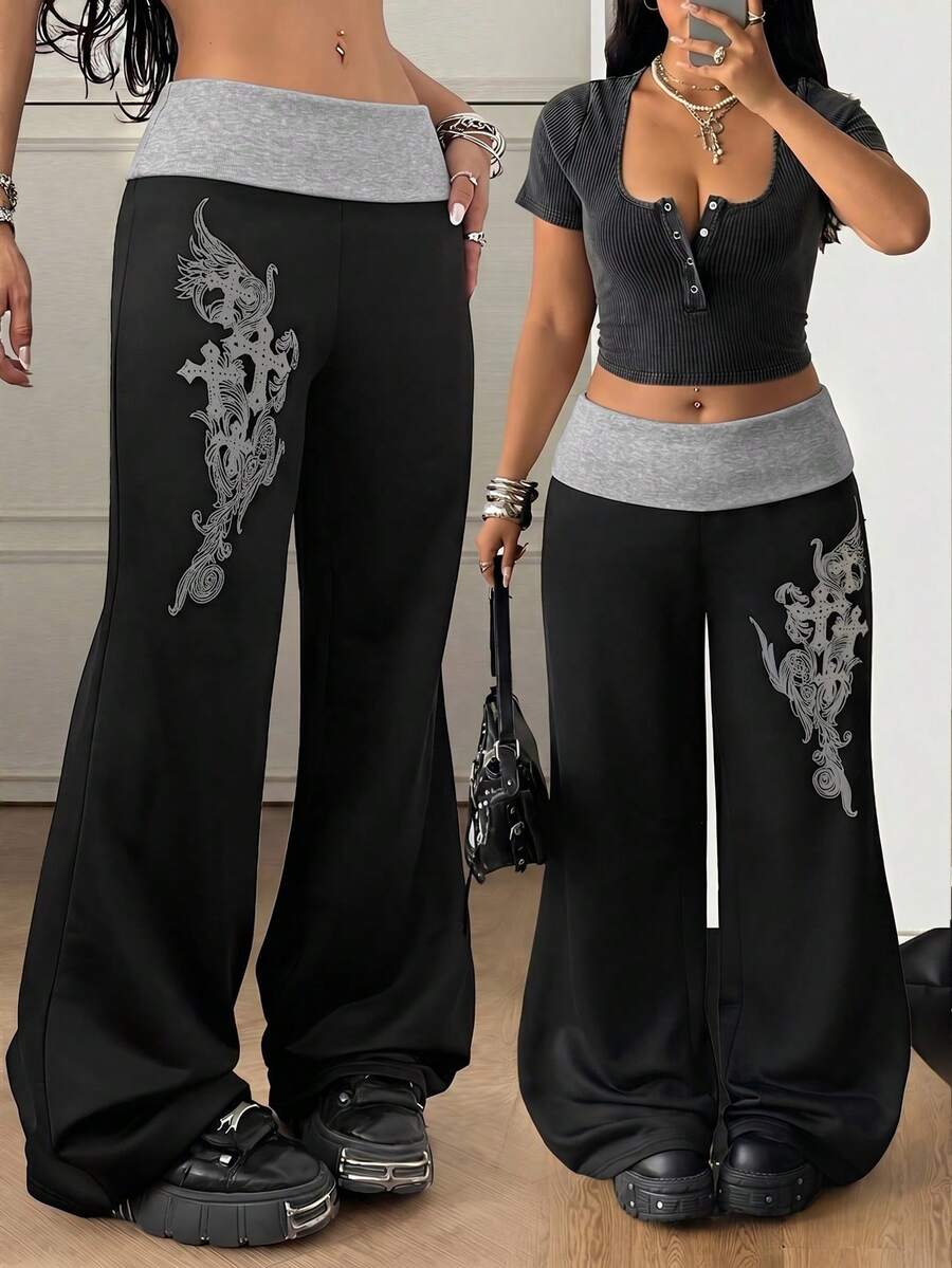Coolane Pantalones anchos de mujer talla grande para verano, festival, feria del renacimiento, ropa urbana, vintage Y2K, estilo grunge con gráficos, de pierna recta, pantalones de chándal de pierna ancha, pantalones góticos, otoño - Gris - Ver 1