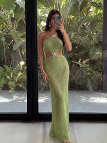 Bonvoyette Vestido largo con cuello halter, tejido hueco y que deja al descubierto el abdomen, como accesorio de cobertura para mujer - Verde - Ver 1