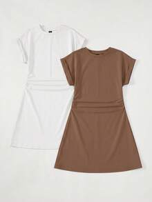 SHEIN BASICS 2pcs/Set Casual Solid Color Knit Round Neck Short Sleeve Mini Dress For Women - Multicolor - View 8