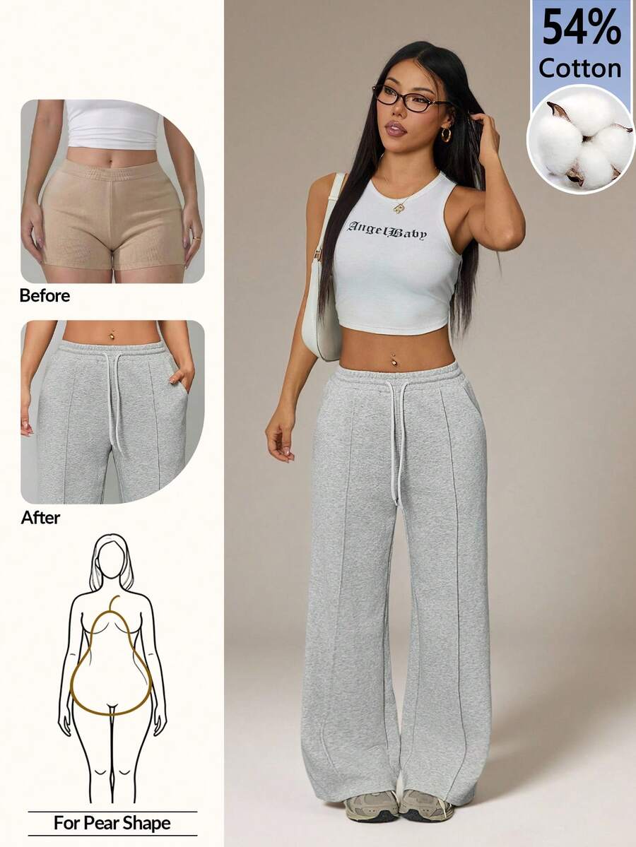 SHEIN PETITE 女士秋季鹅卵石纹直筒运动裤，舒适棉混纺