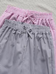 SHEIN 2pcs Girls Casual Cute Comfortable Woven Fabric Loose Wide Leg Pants With Bow Decor, Navy Blue Dark Pink Combo, Autumn Basic School - Multicolor - View 5