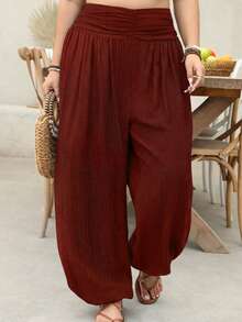 EMERY ROSE Plus Size Women Elastic Waist Textured Beach Vacation Pants Fall - Red - View 1