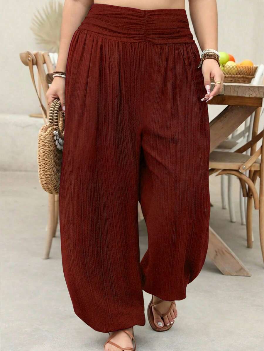 EMERY ROSE Plus Size Women Elastic Waist Textured Beach Vacation Pants Fall - Red - View 1