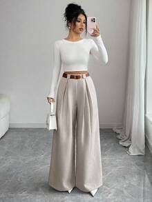 SHEIN Elenzya Women's Casual Everyday Office Commute Minimalist Solid Color Pleated Loose Wide Leg Pants, Belt Not Included - Grey - View 4