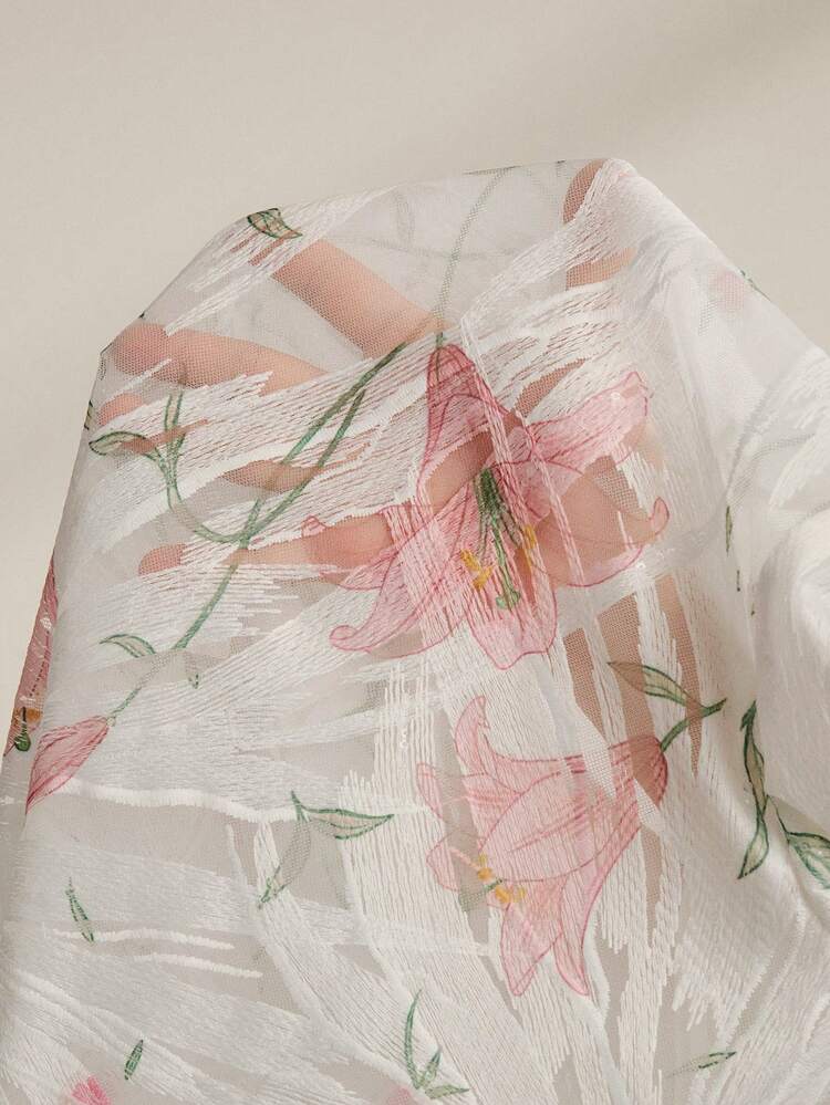 Spring/Summer New Elegant Chic Resort Style Sexy Sheer Beaded Embroidered Lily Flower Print Polo Collar Long Sleeve Blouse For Women