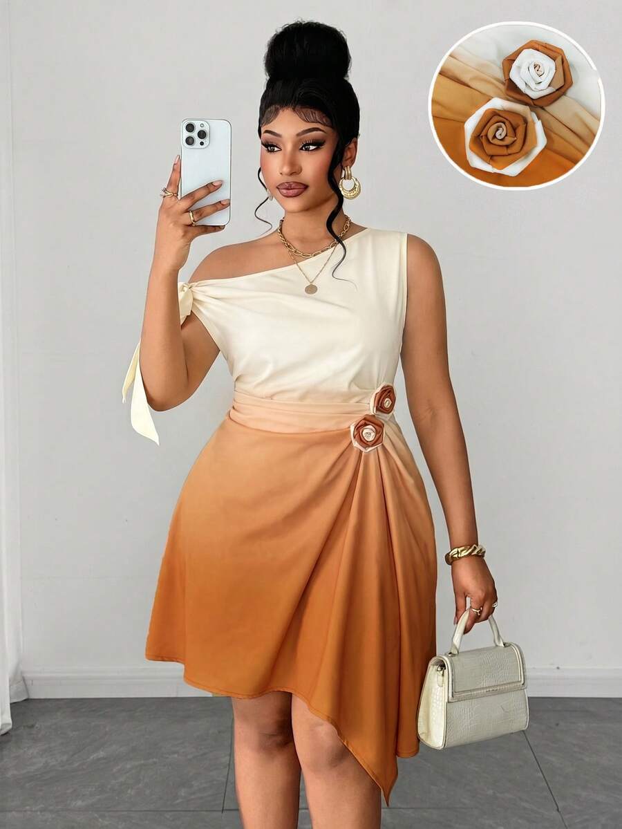 Maweii Spring & Summer Asymmetric Hem Ruched Gradient Elegant Casual Dress, Unique Design, Necessary For Daily Wear, Sophisticated Style, Plus Size - Multicolor - View 1