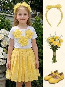 SHEIN Conjunto de camiseta de manga corta con bloque de color floral decorativo y falda plisada jacquard, fresco y dulce para niña en verano - Amarillo - Ver 5