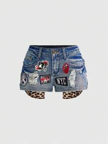 ROMWE Grunge Punk Y2K 夏季女装豹纹刺绣紧身超低腰牛仔短裤 - 藍色 - 查看 1