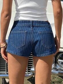 SHEIN EZwear Quần short denim cạp thấp kẻ sọc xanh dương dành cho nữ, thích hợp cho mùa hè. - Rửa trung bình - Xem 2