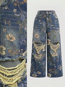 SHEIN MOD Plus Size Women Floral Print Distressed Wide Leg Jeans - Medium Wash - View 1