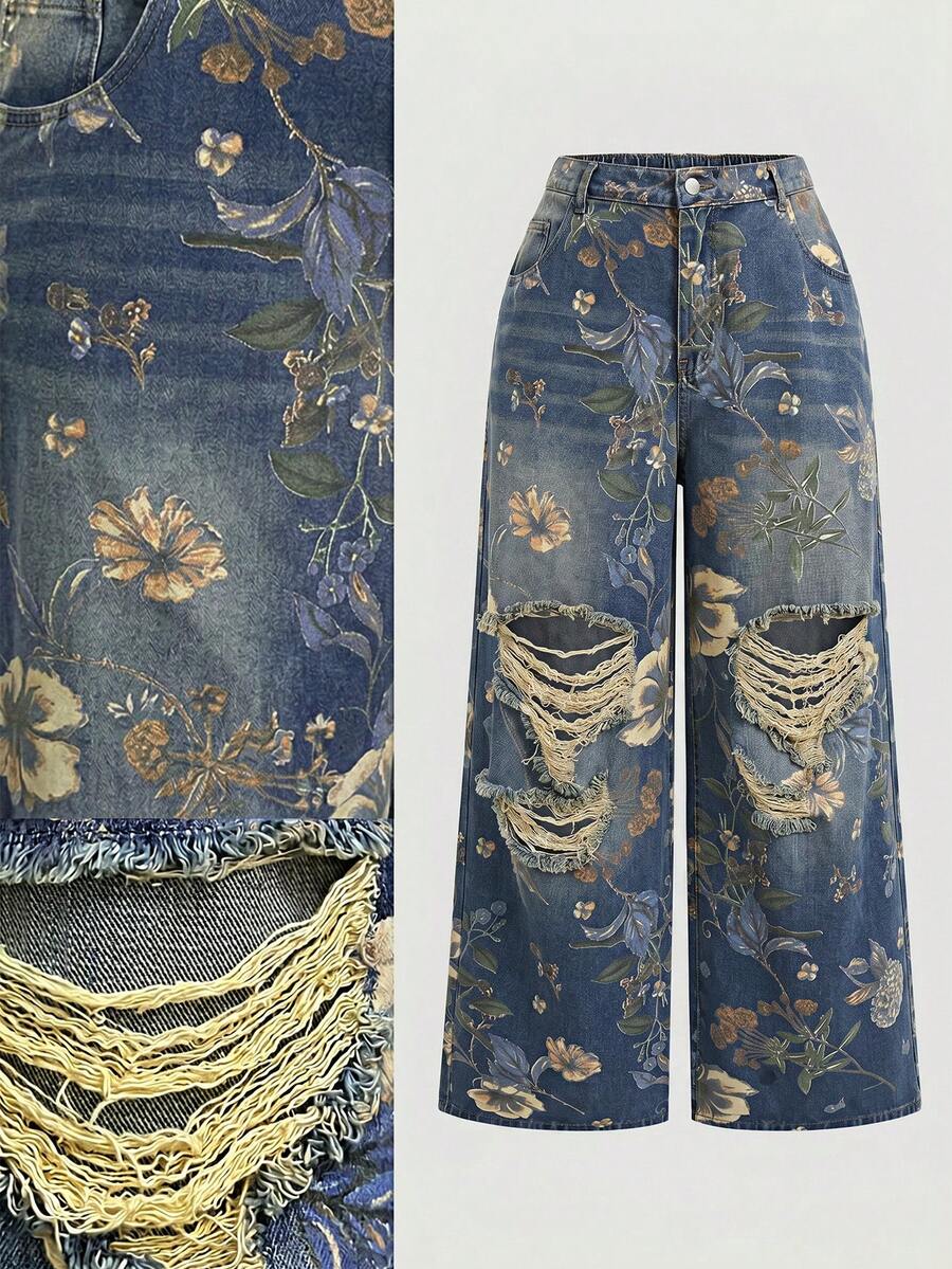 SHEIN MOD Plus Size Women Floral Print Distressed Wide Leg Jeans - Medium Wash - View 1