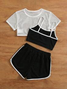 SHEIN 少女撞色滚边吊带背心+短裤+圆领白色短袖上衣三件套 - 黑與白 - 查看 2
