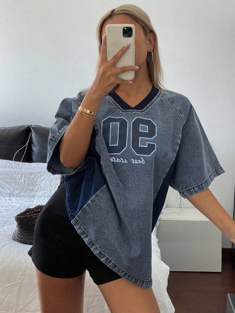 Women's V-Neck Contrast Letter Print Loose Denim Short Sleeve Top