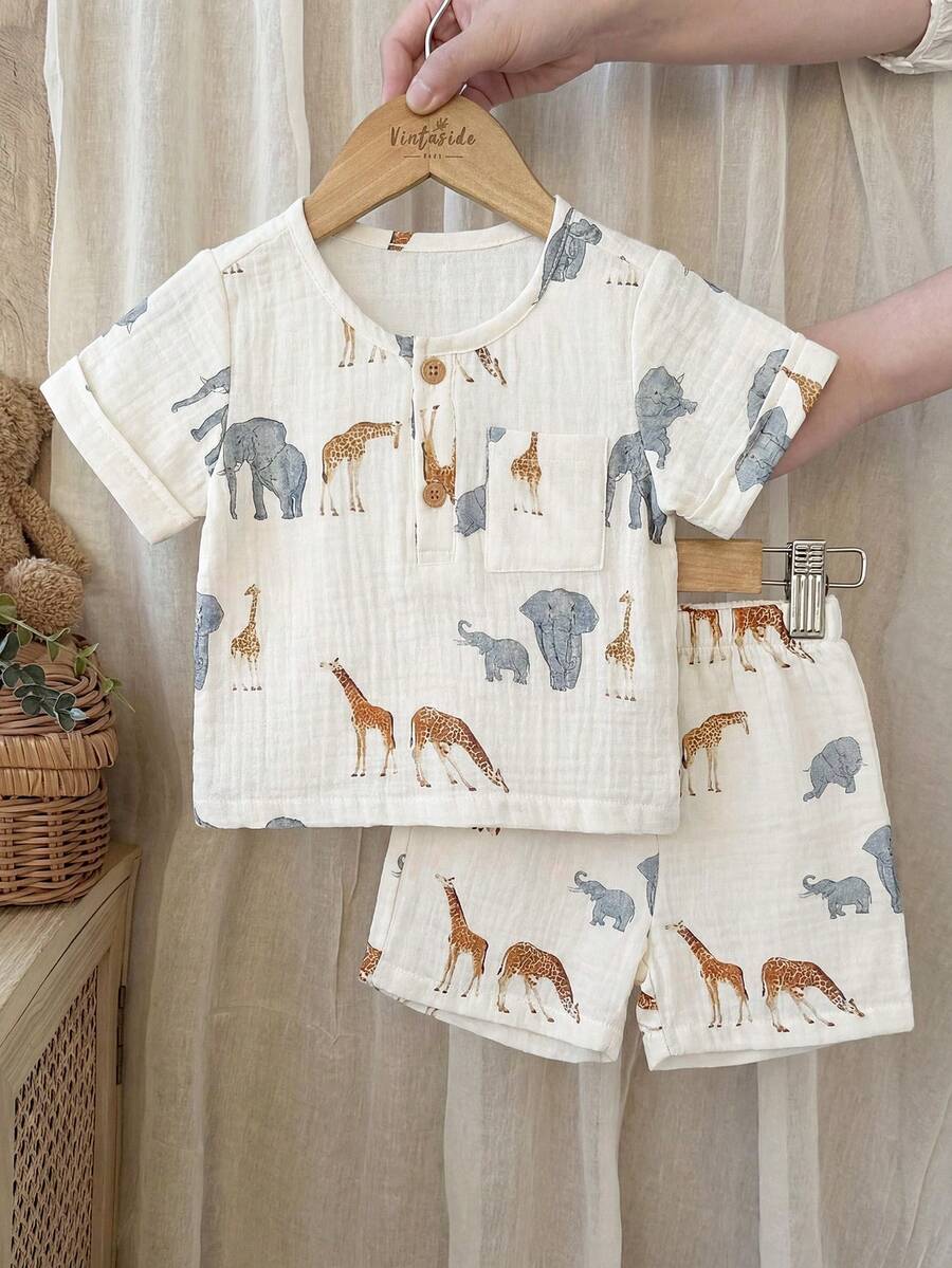 SHEIN Vintaside Kids 寶寶男童夏季休閒T恤套裝 - 白色 - 查看 1