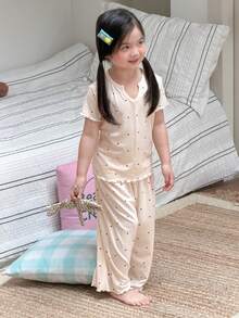 Dazy Kids V領開襟設計圓點印花套裝，年輕女孩夏季居家服 - 白色 - 查看 9