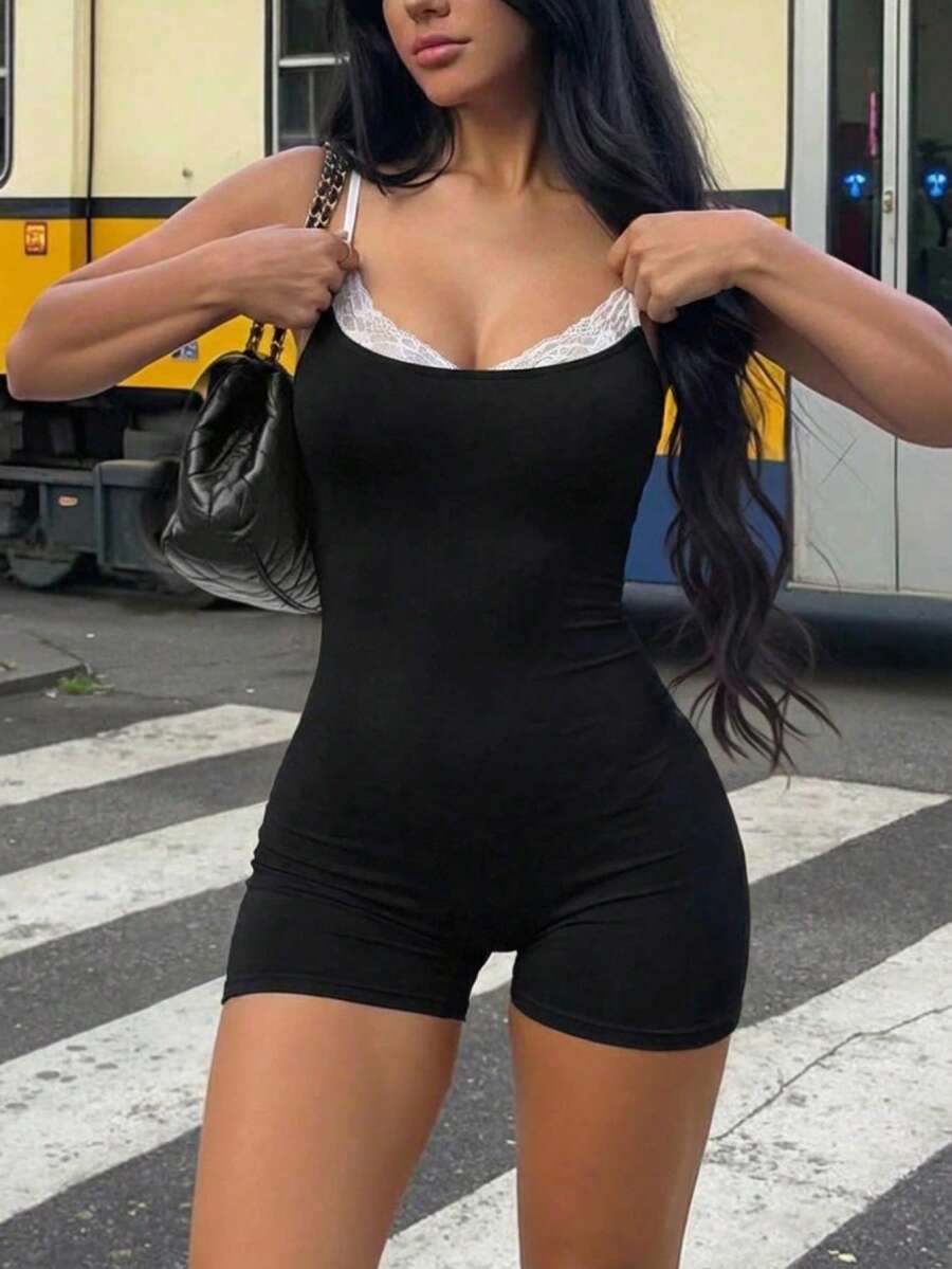 Aloruh Bộ jumpsuit nữ gợi cảm phối ren, màu tương phản, dáng ôm vừa vặn, phong cách thường ngày. - màu đen - Xem 1